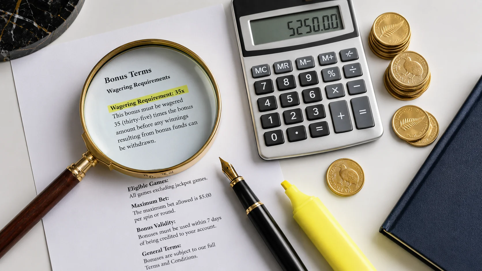 Bonus terms document with wagering requirement highlighted in yellow, calculator and gold coins