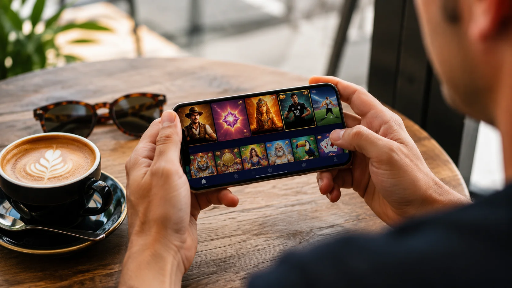 Hands holding a smartphone in landscape orientation showing a mobile entertainment app at a cafe table