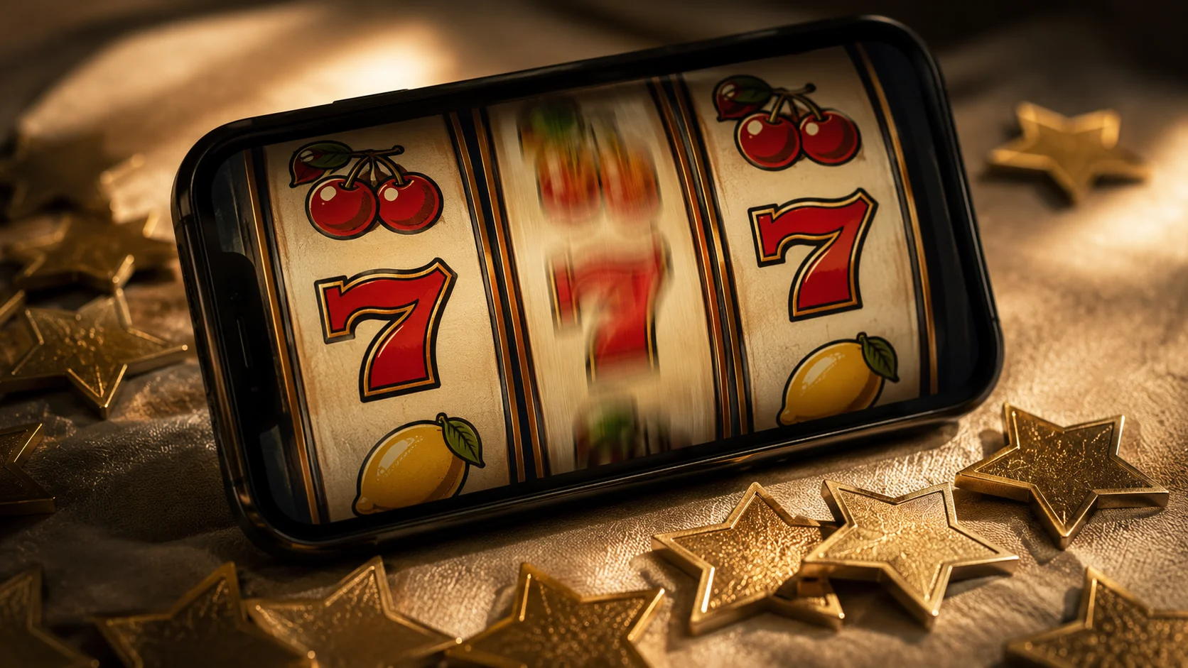 Close-up of a classic 7-7-7 retro slot reel with cherry and lemon symbols and scattered gold retro stars