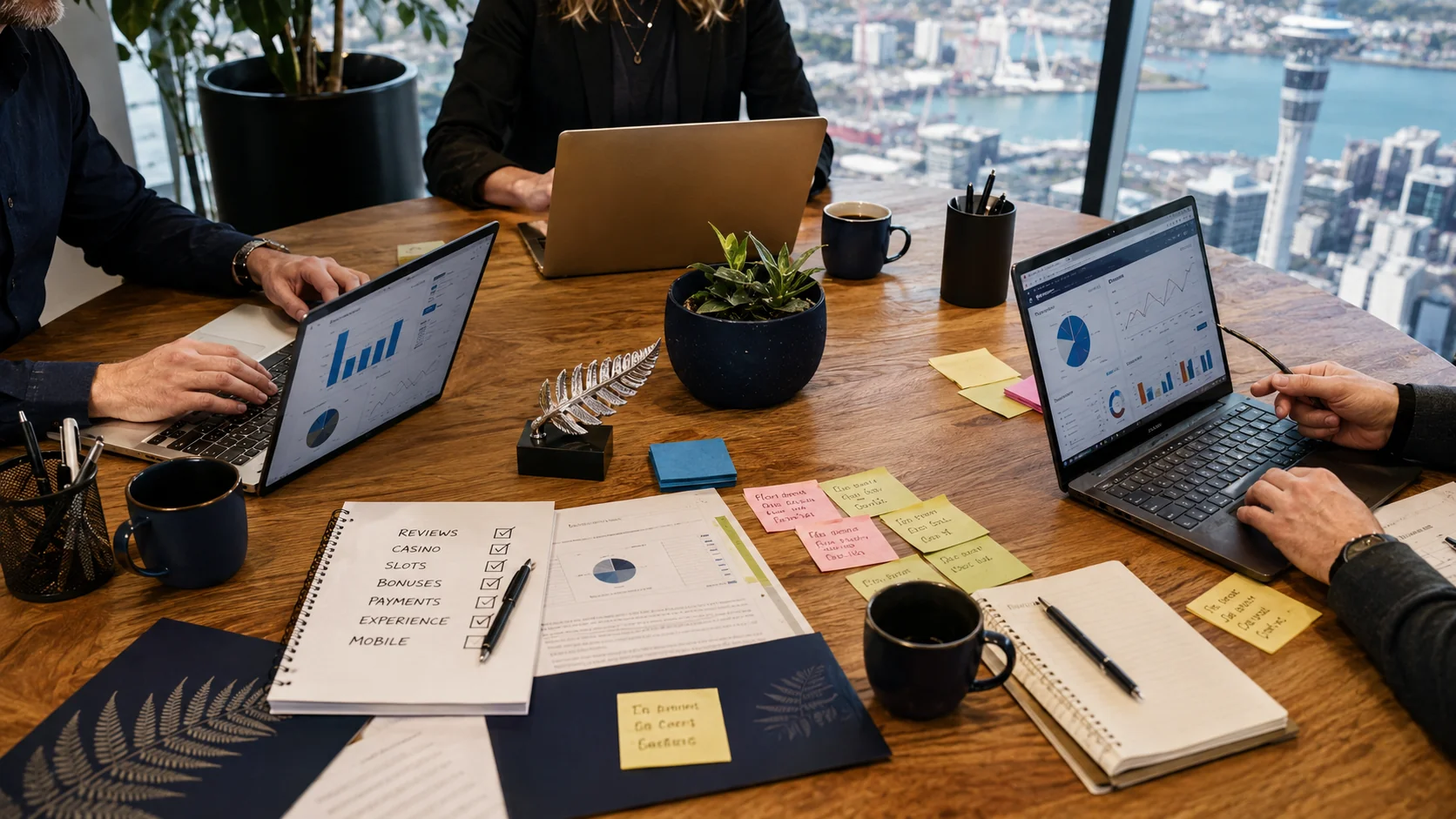 Top Kiwi Pokie Auckland team boardroom workspace with 3 laptops showing analytics dashboards, sticky notes and silver fern paperweight