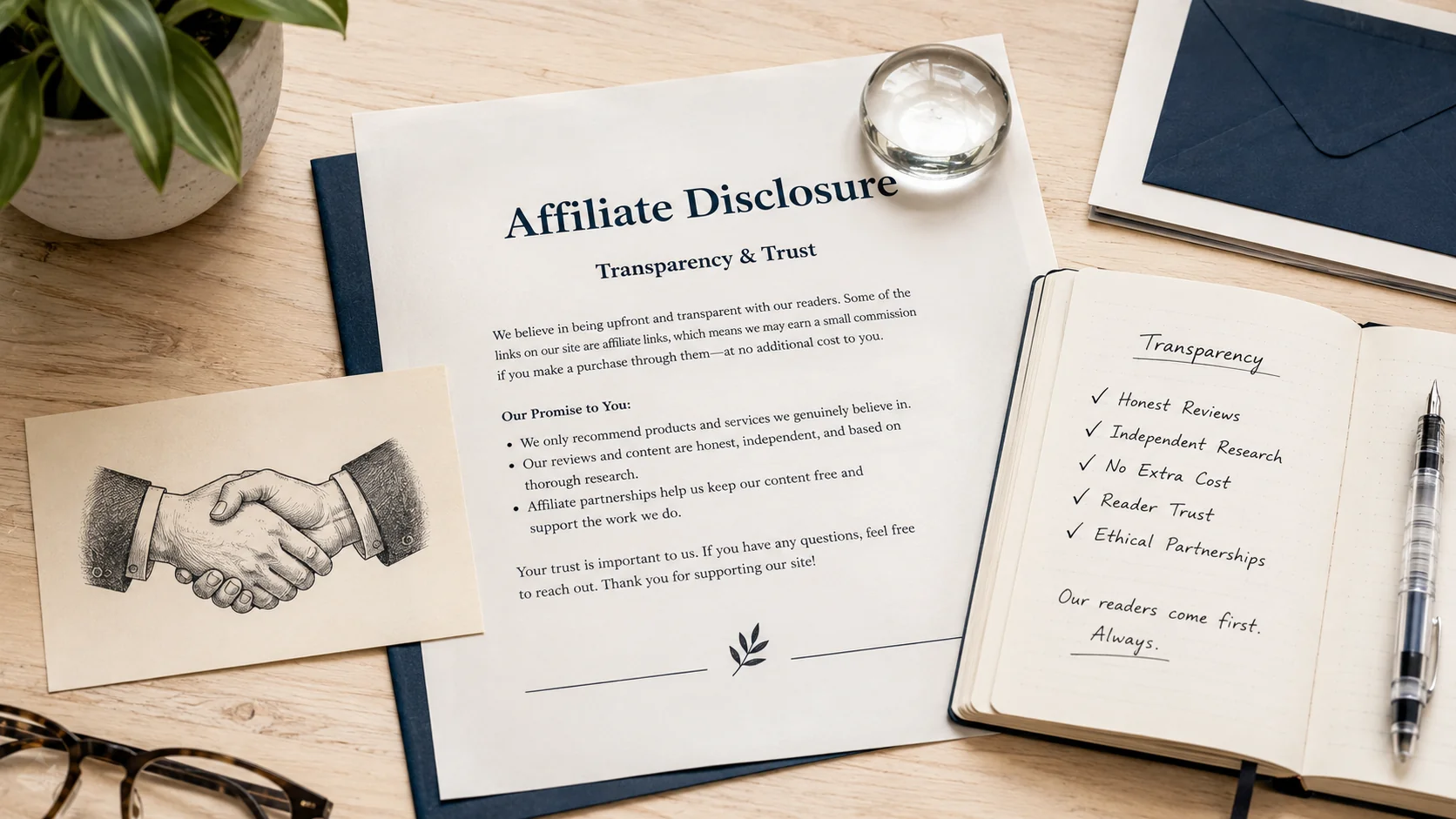 Printed Affiliate Disclosure document with transparency checklist, handshake illustration card and glass paperweight on light wooden desk