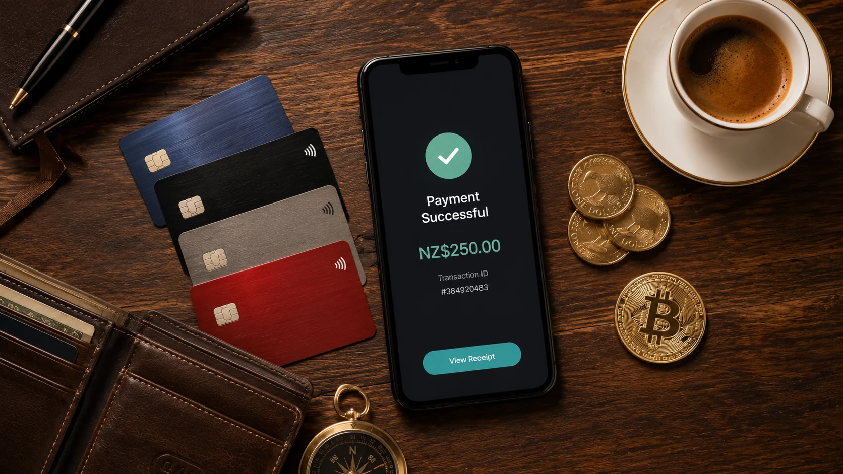 Editorial flat-lay showing variety of NZ casino payment options — debit cards, smartphone, Bitcoin coin and leather wallet