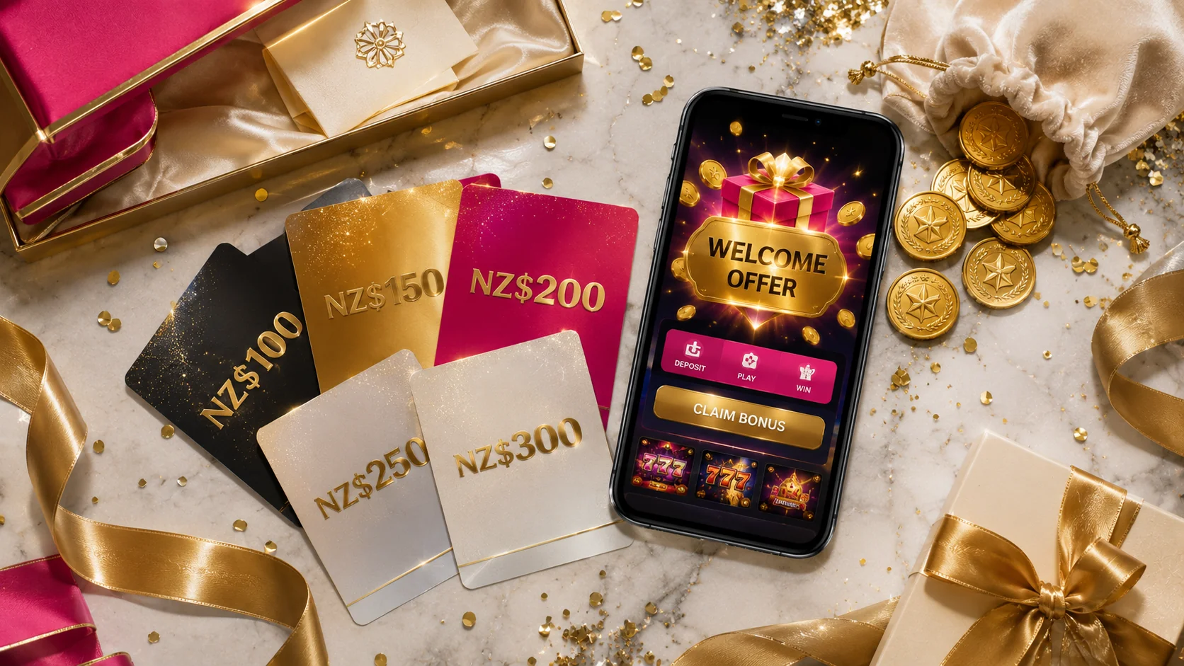 Dramatic flat-lay of gift cards in NZD values, gold coins and a smartphone showing a welcome offer