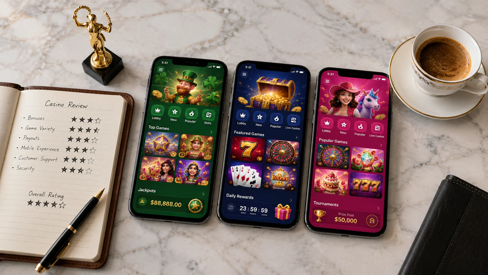 Editorial flat-lay comparing 3 NZ casino apps with handwritten review notes, gold trophy and espresso