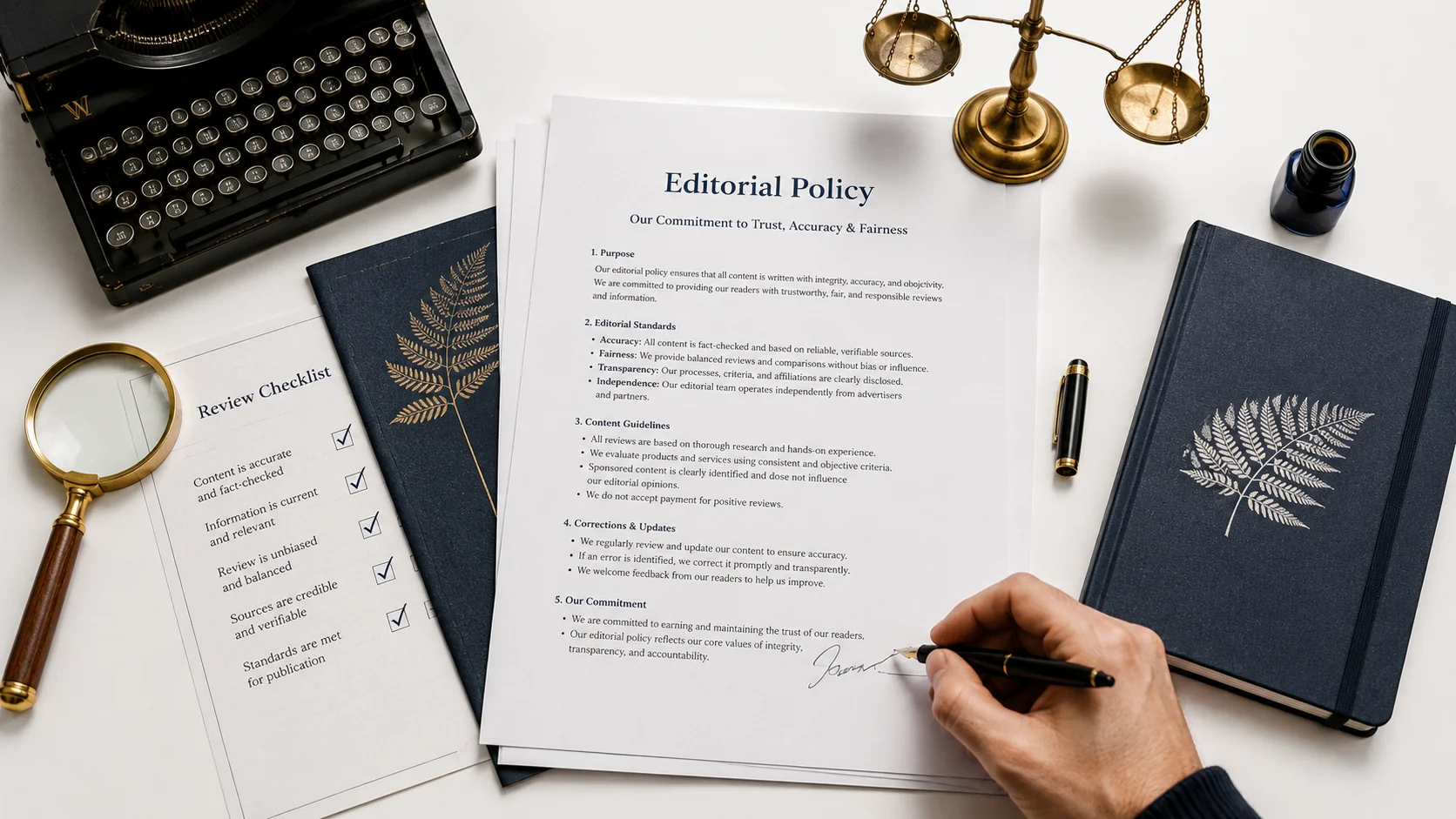 Printed Editorial Policy document with handwritten signature, vintage typewriter, brass balance scale and fern-imprinted leather notebooks
