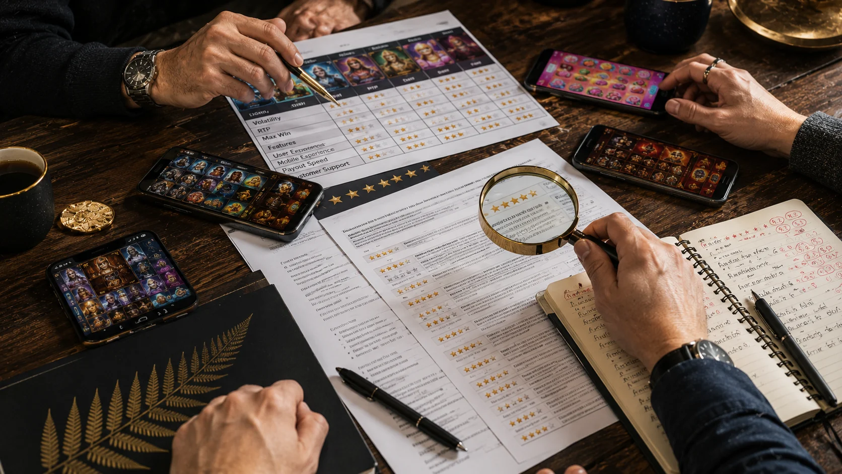 Three pairs of hands working over a wooden table with comparison checklists, magnifying glass over star ratings and silver fern leather notebook