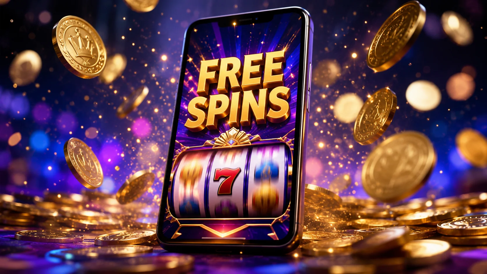 Smartphone displaying vibrant FREE SPINS offer with classic slot reel and floating gold coins