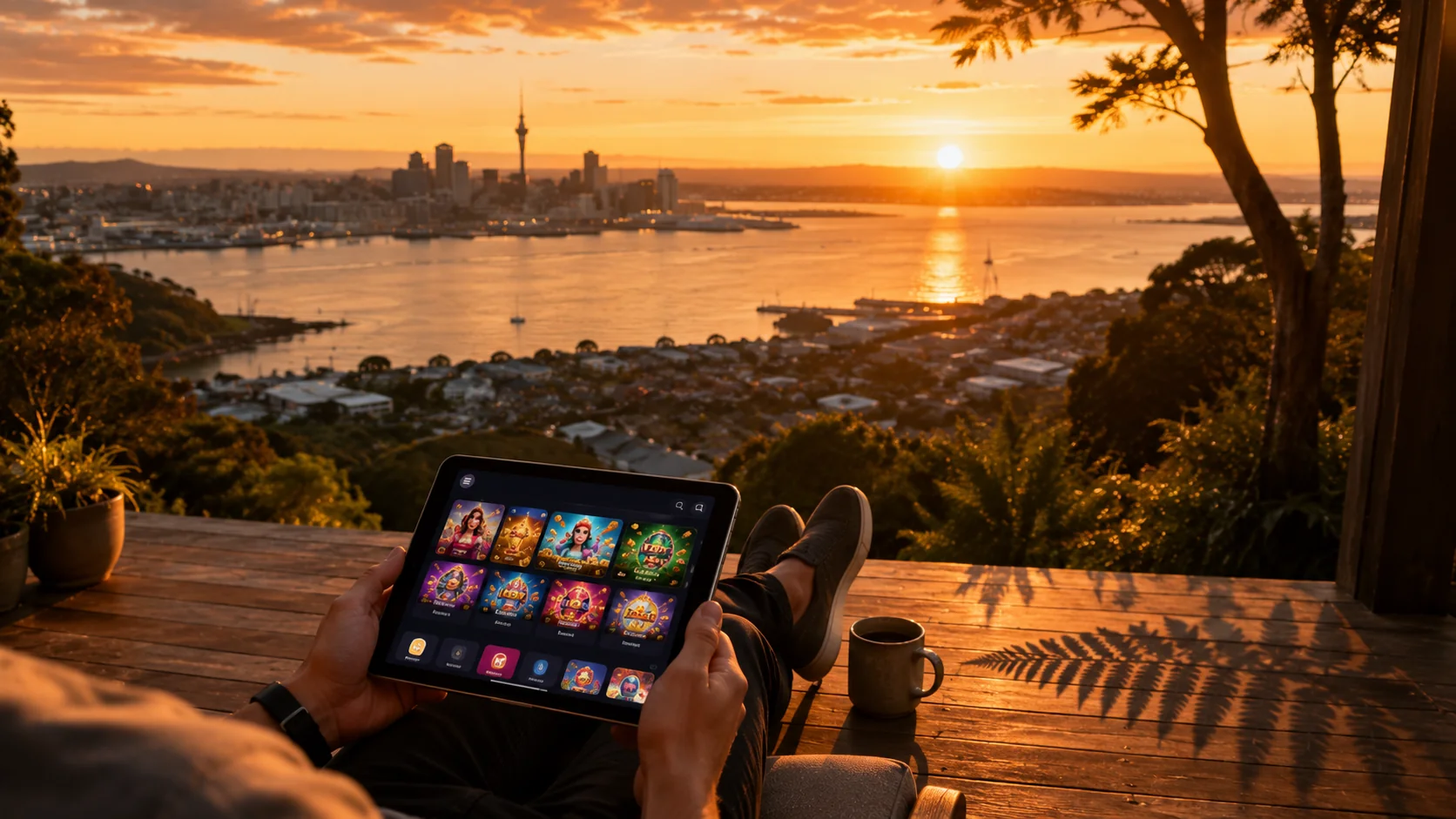 Auckland sunset from a wooden deck — relaxed Kiwi player using a tablet to browse online pokies