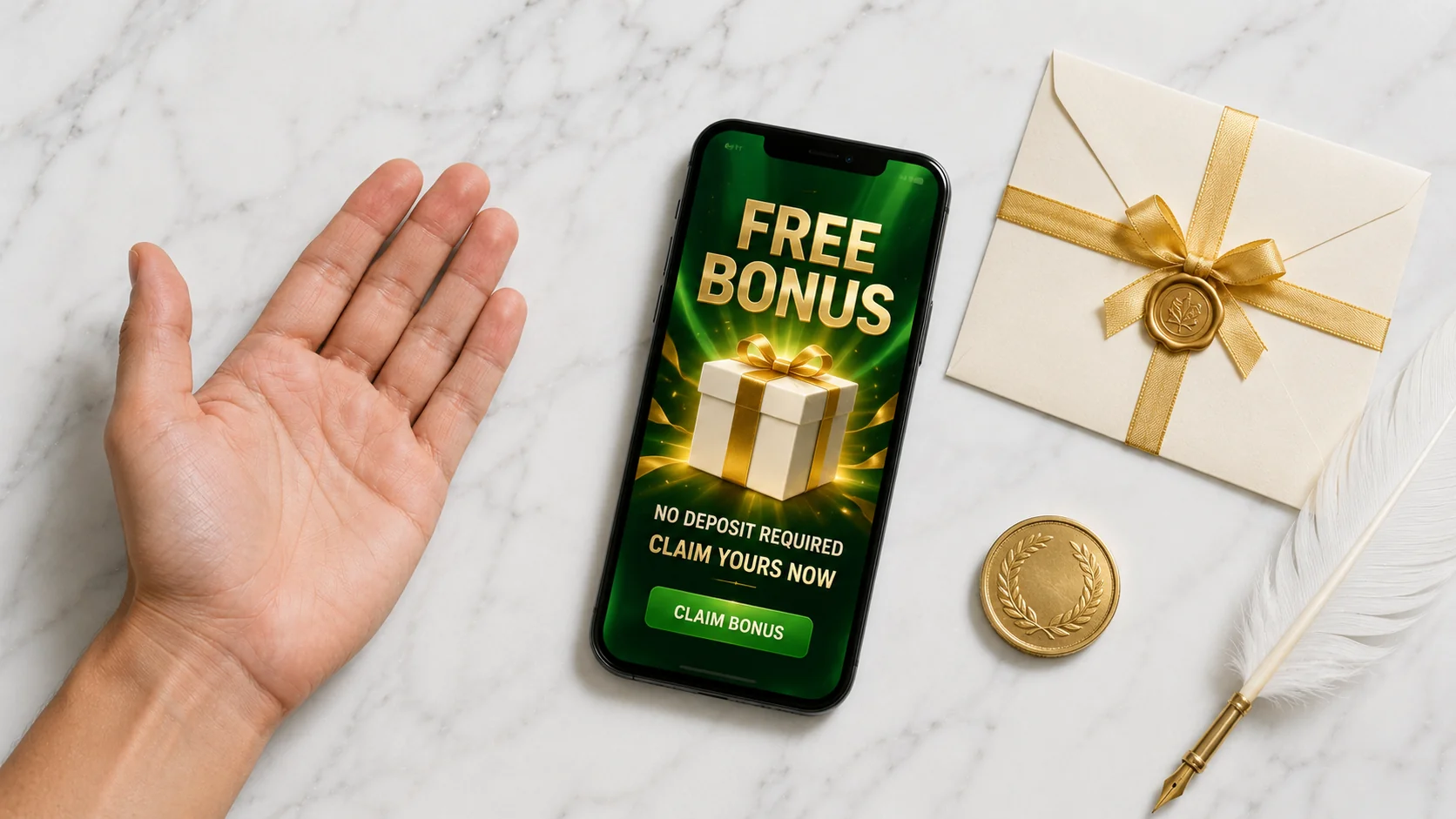 Open palm beside smartphone showing FREE BONUS no deposit required claim now offer