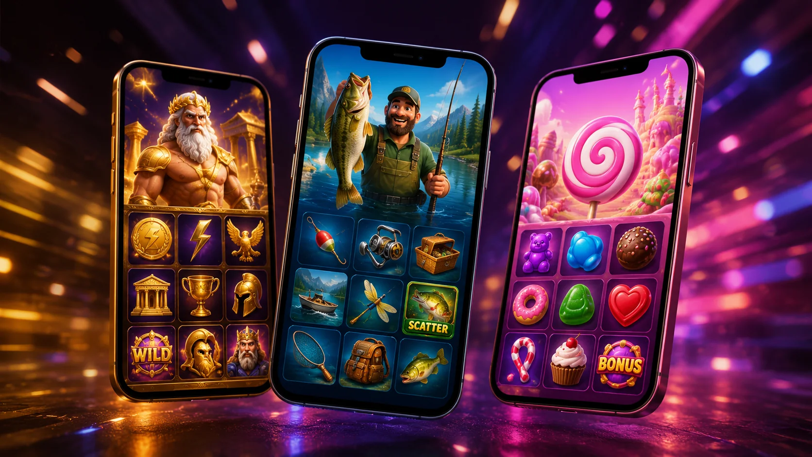 Three smartphones floating in 3D showing different online pokie themes — mythology, fishing and candy