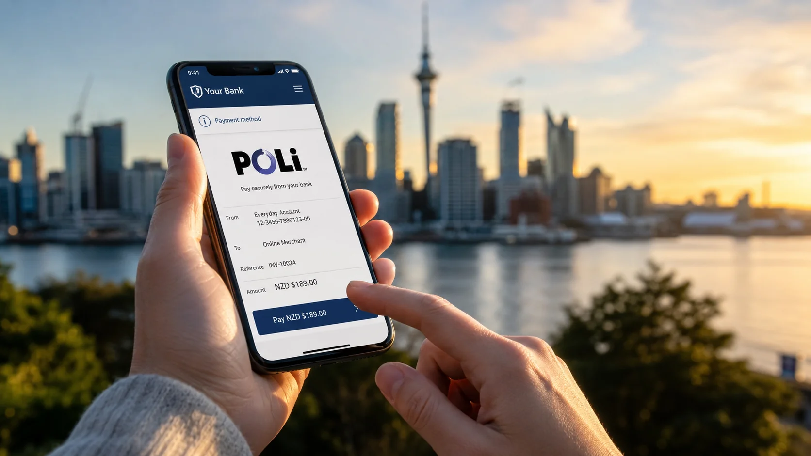 Hand holding smartphone with POLi pay screen against Auckland Sky Tower sunset