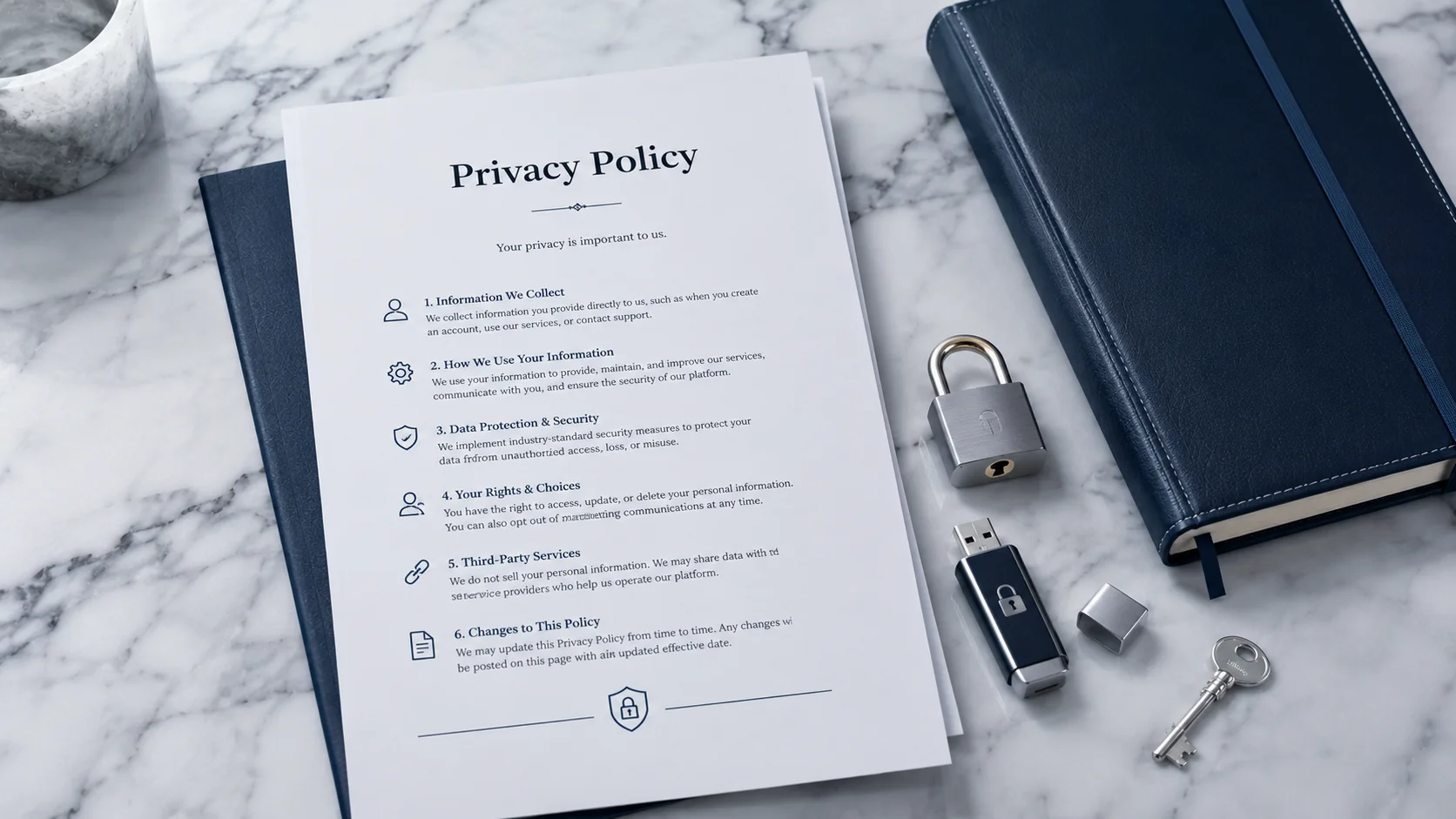 Printed Privacy Policy document with numbered sections beside a small metal padlock, secure encrypted USB drive, leather notebook and chrome key on polished marble