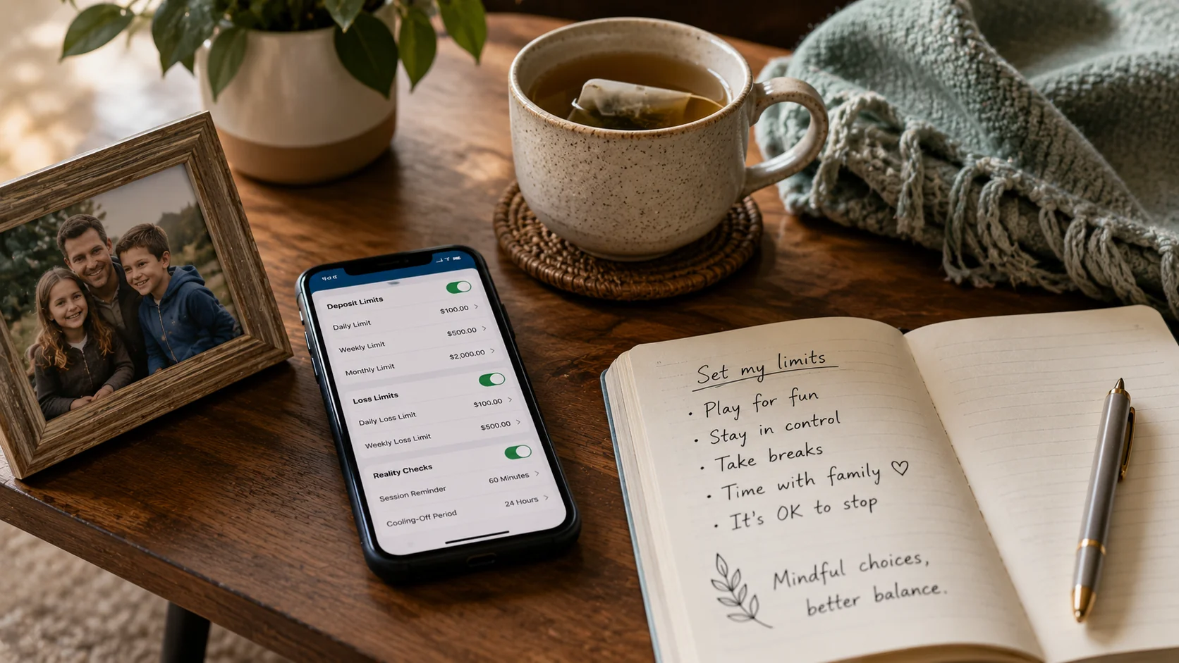 Smartphone showing Set my limits deposit limit settings beside a family photo, herbal tea and handwritten Set my limits journal with mindful reminders