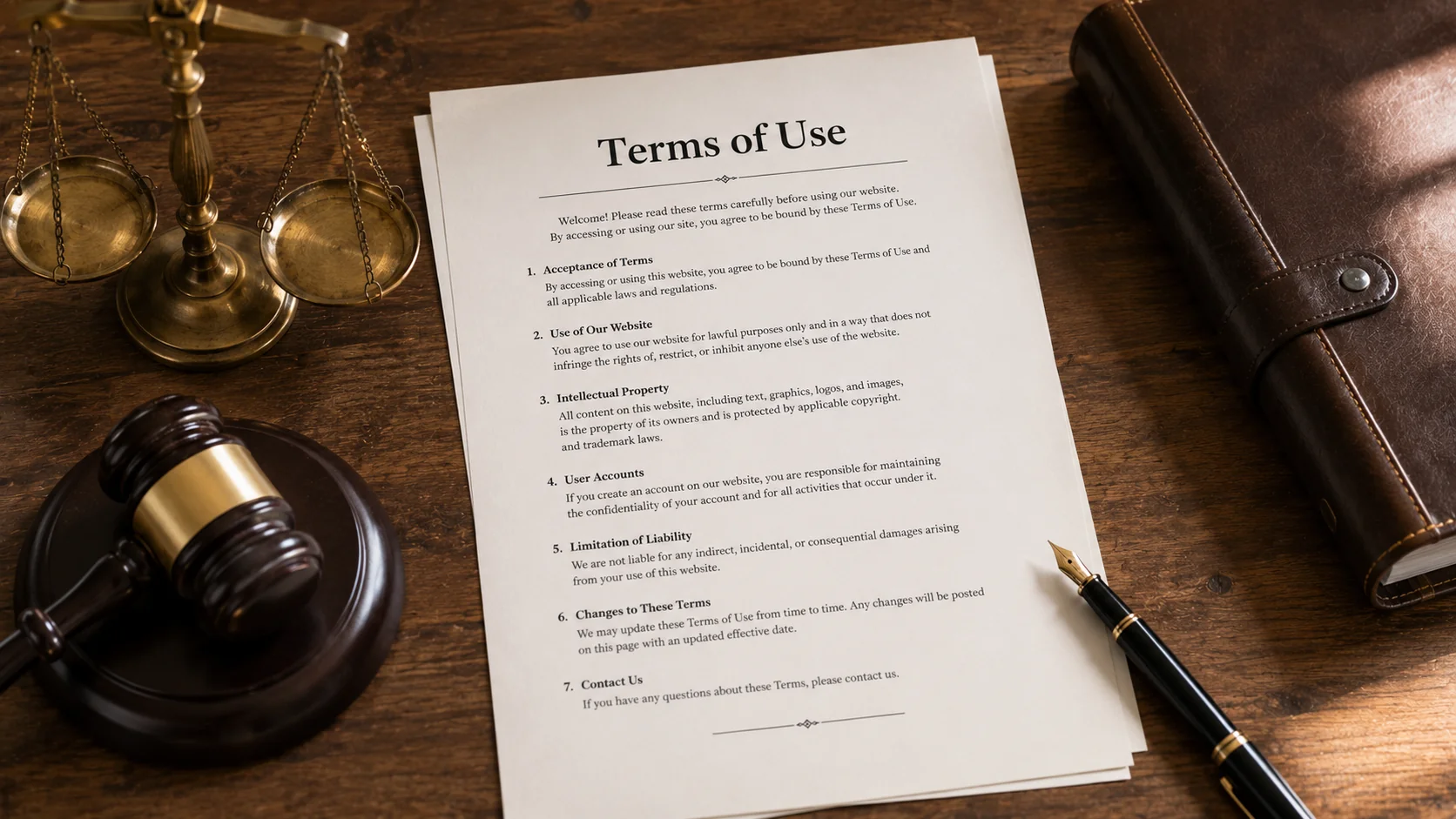 Printed Terms of Use document with numbered sections beside a small wooden gavel, antique brass scale of justice, fountain pen and closed leather binder