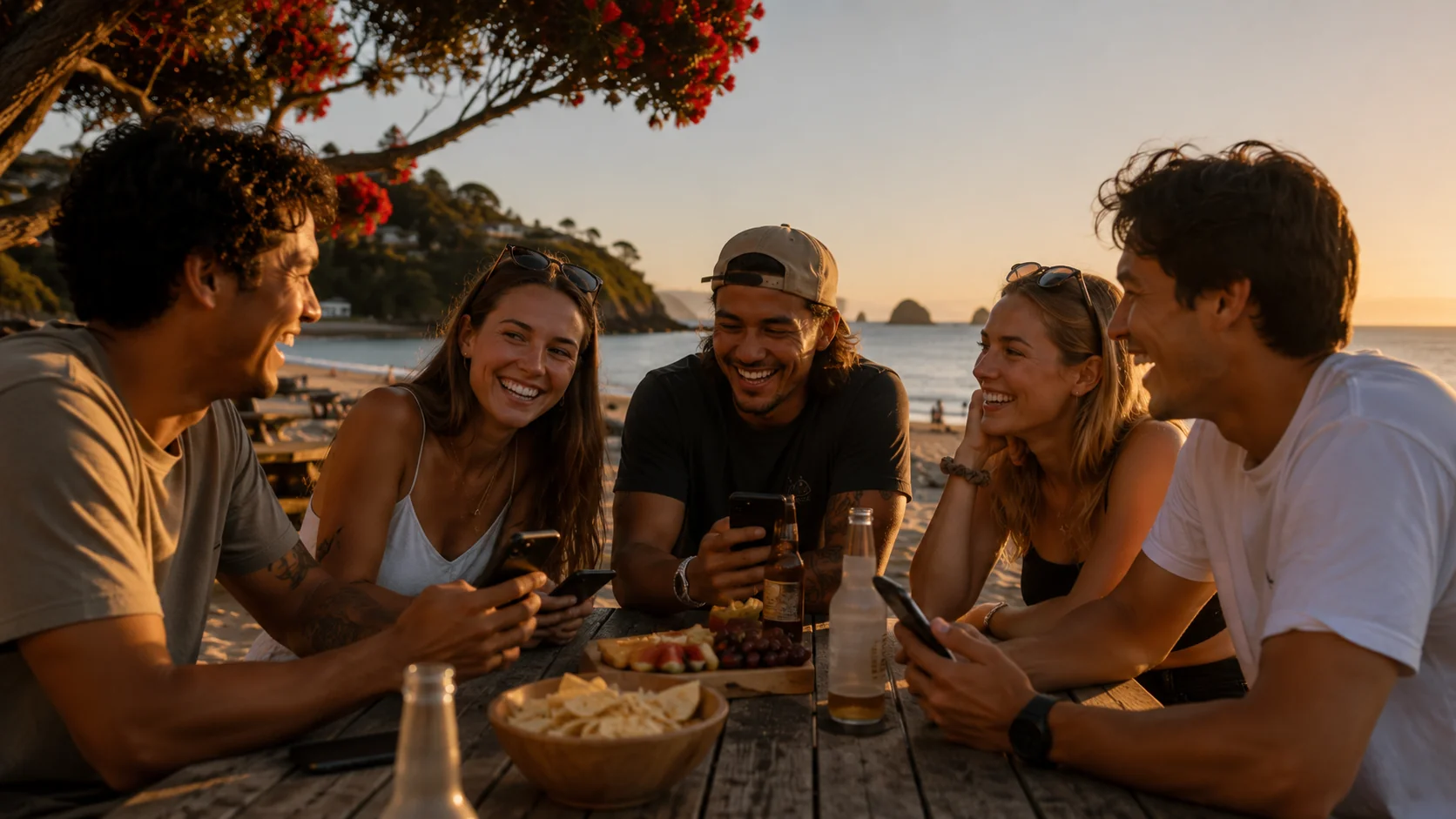 Group of New Zealand friends enjoying mobile gaming on a coastal beach at golden hour with pohutukawa tree