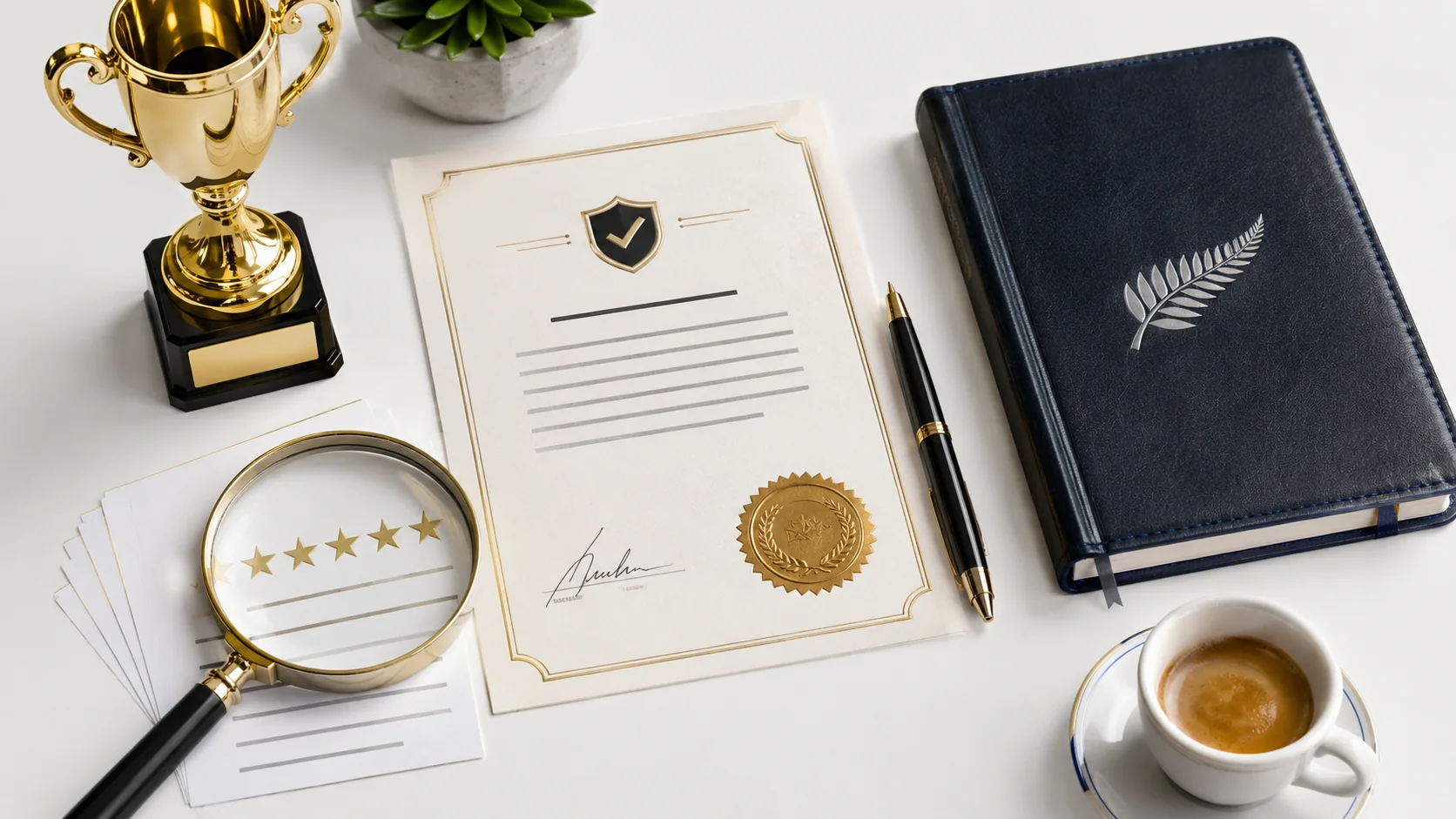 Top Kiwi Pokie trust signals — verification certificate, gold trophy and silver fern editorial notebook