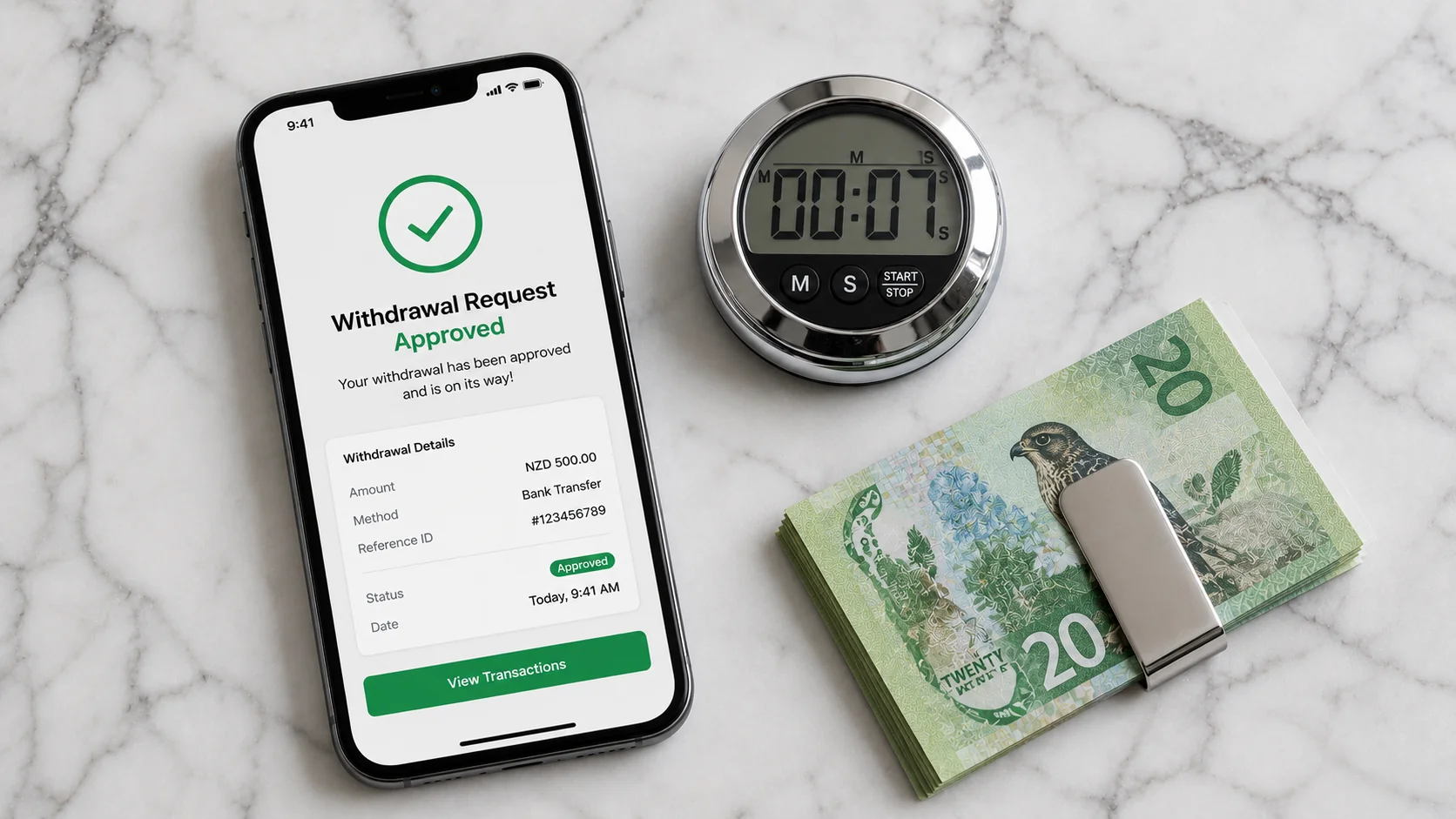 Smartphone showing Withdrawal Request Approved beside a chrome timer reading 00:07 and a stack of NZ$20 banknotes secured with a clip