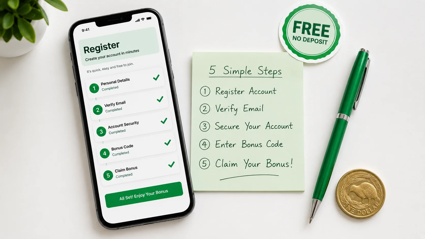 Smartphone showing 5-step register account flow with handwritten Simple Steps checklist