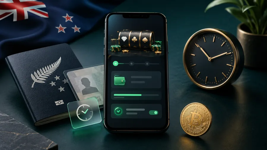 A casino withdrawal screen beside an ID document marked 'verification deferred' and a crypto coin, illustrating that no-KYC casinos defer checks to the withdrawal stage