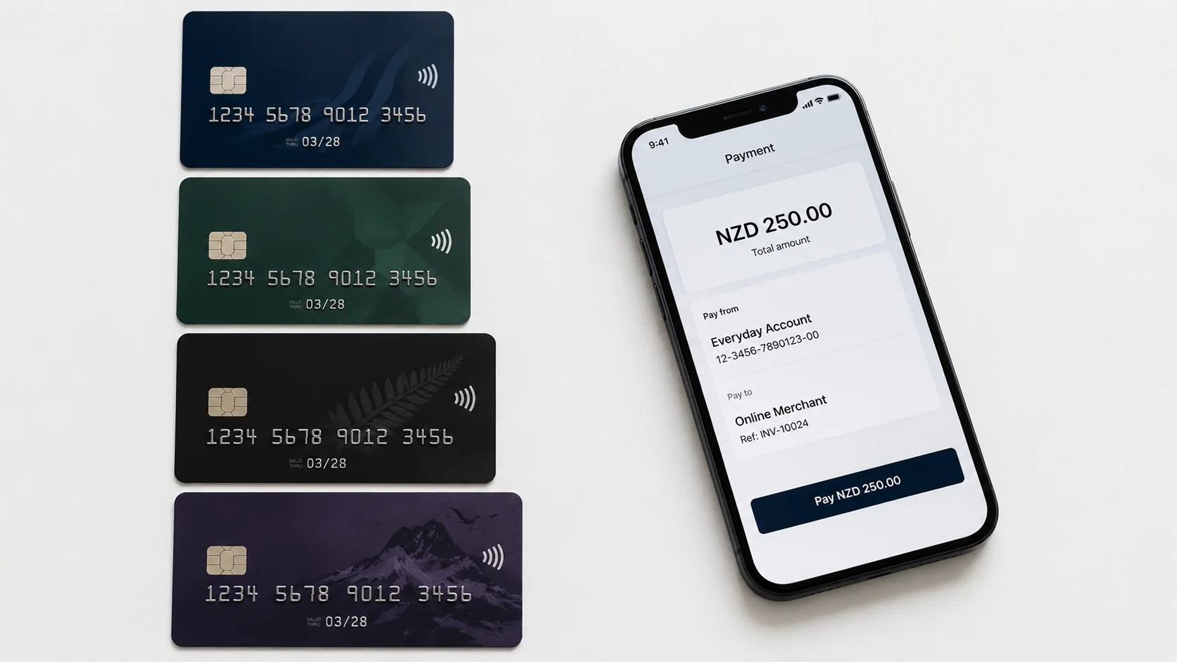 Four NZ debit cards including silver-fern card alongside a smartphone showing NZD 250.00 payment confirmation