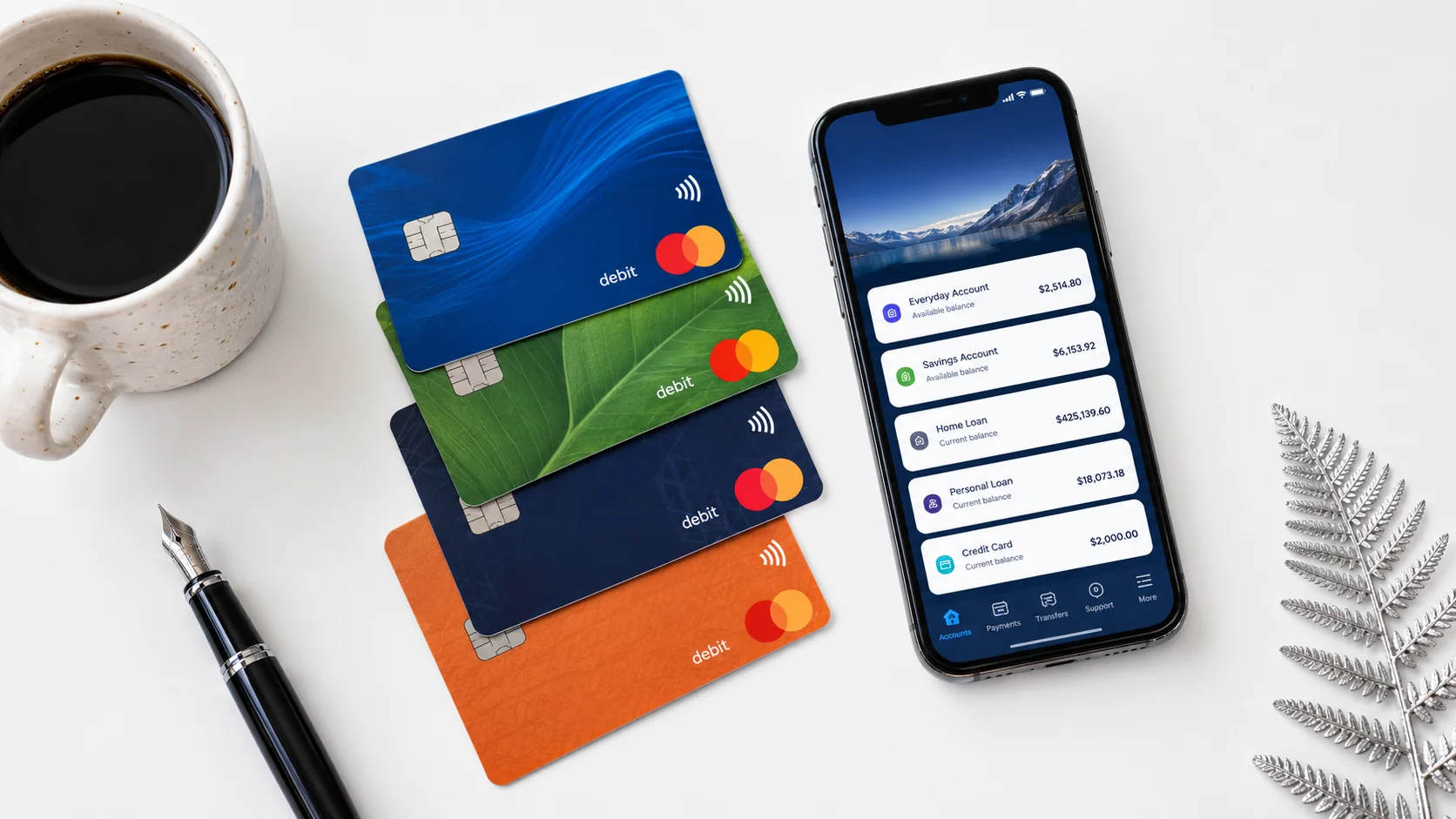 Four NZ bank debit cards fanned out beside smartphone displaying online banking dashboard with silver fern accent