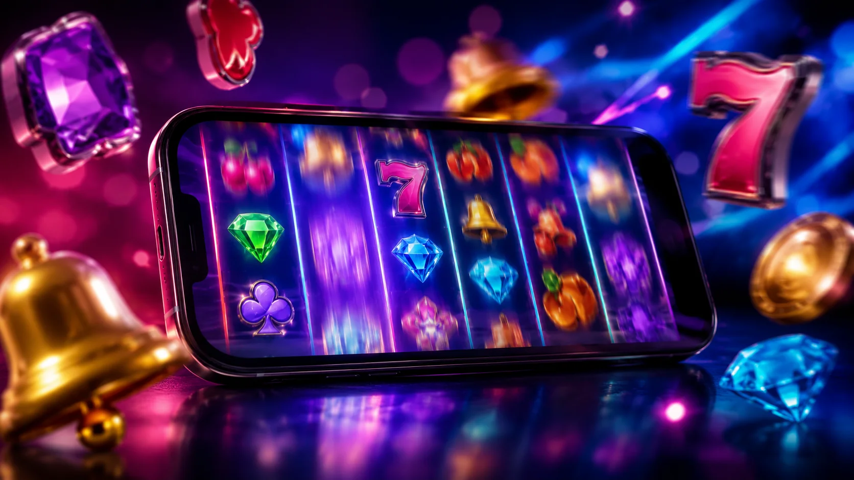 Smartphone displaying a vibrant cascading reels pokie with motion blur and floating symbol gems