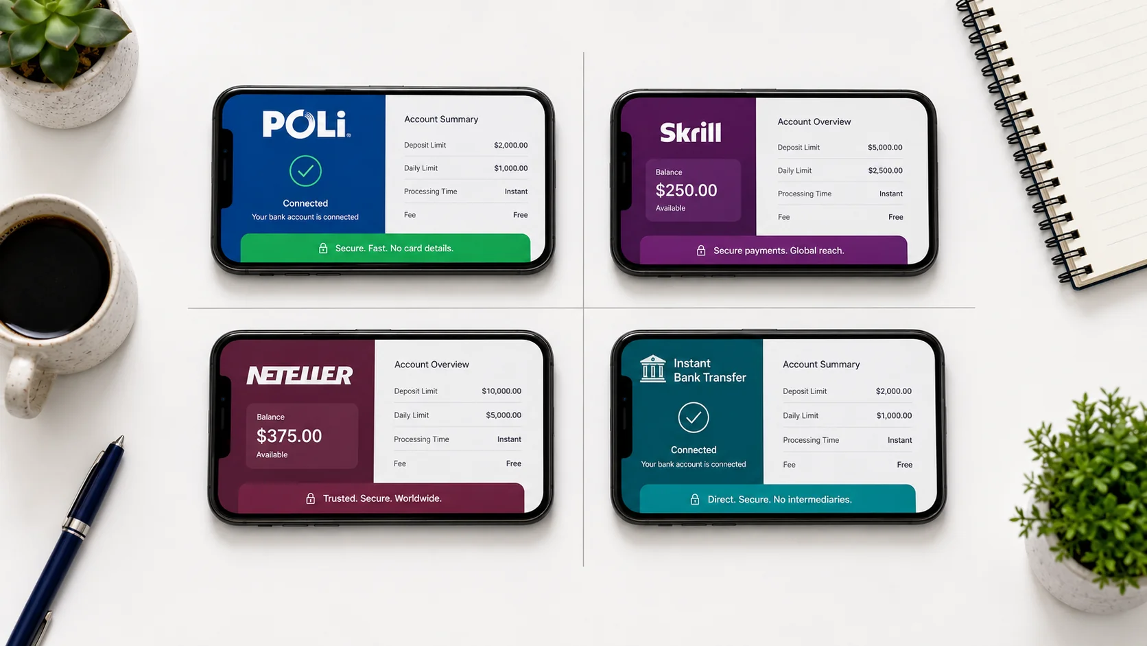 Four smartphones in 2x2 grid displaying POLi, Skrill, Neteller and Instant Bank Transfer payment apps for comparison
