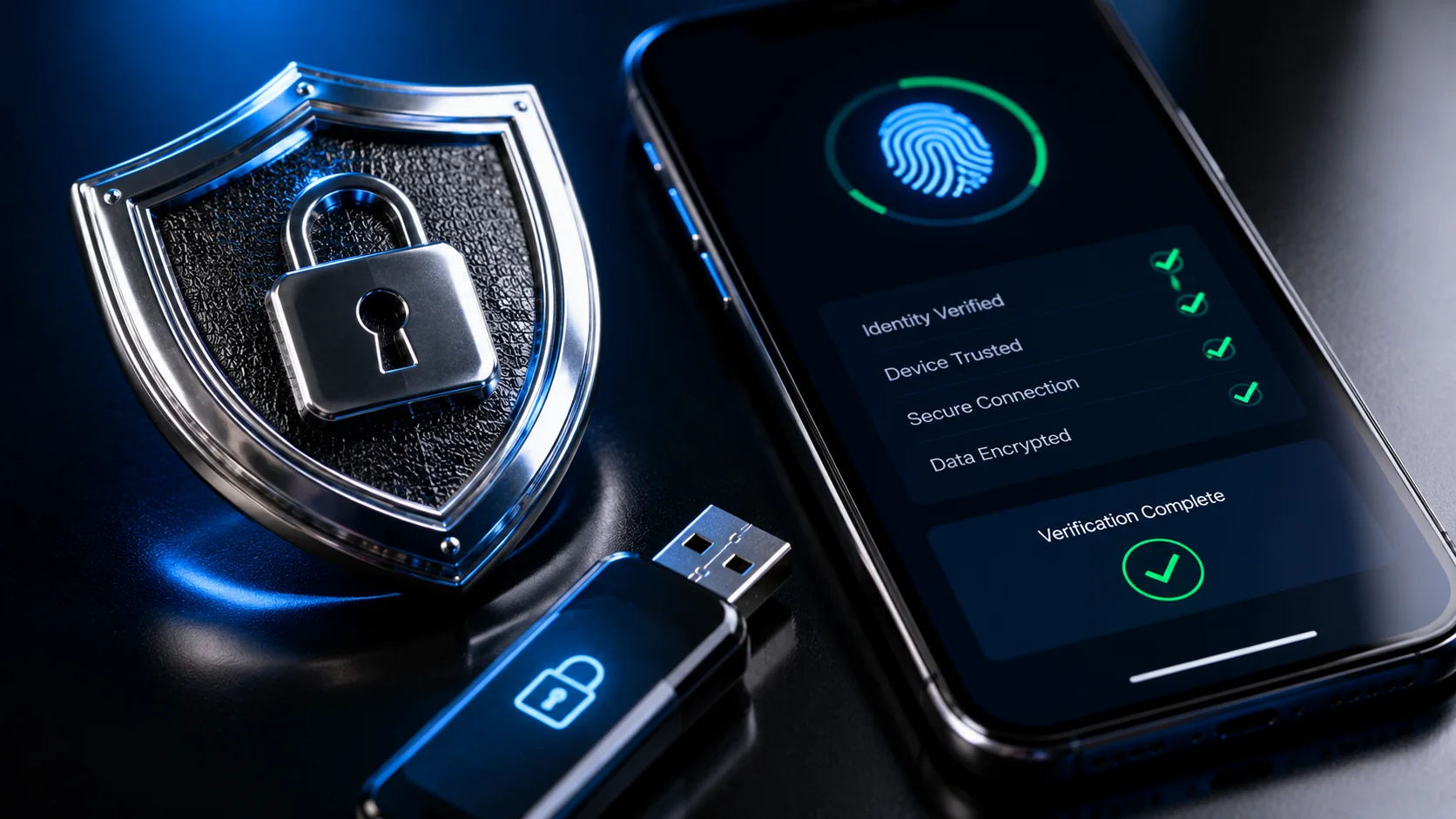 Chrome shield with embossed padlock beside a smartphone showing fingerprint verification with security checkmarks and encrypted USB