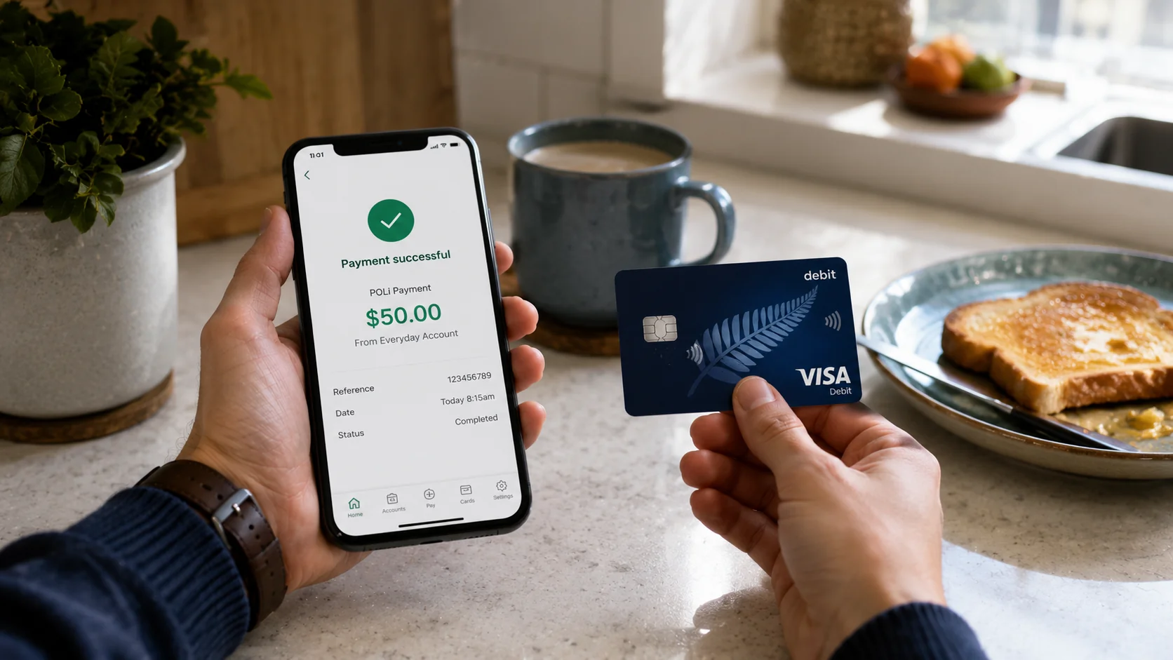 Hands holding smartphone with POLi payment successful and a NZ Visa Debit card with silver fern in a Kiwi morning kitchen