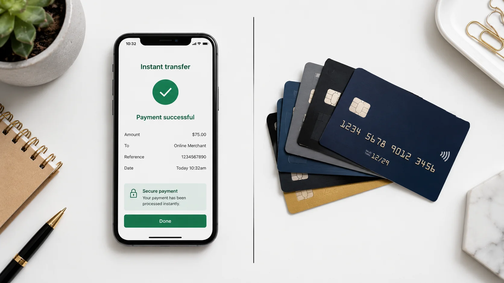 Top-down split-screen flat-lay comparing smartphone instant transfer payment success against fanned stack of debit cards