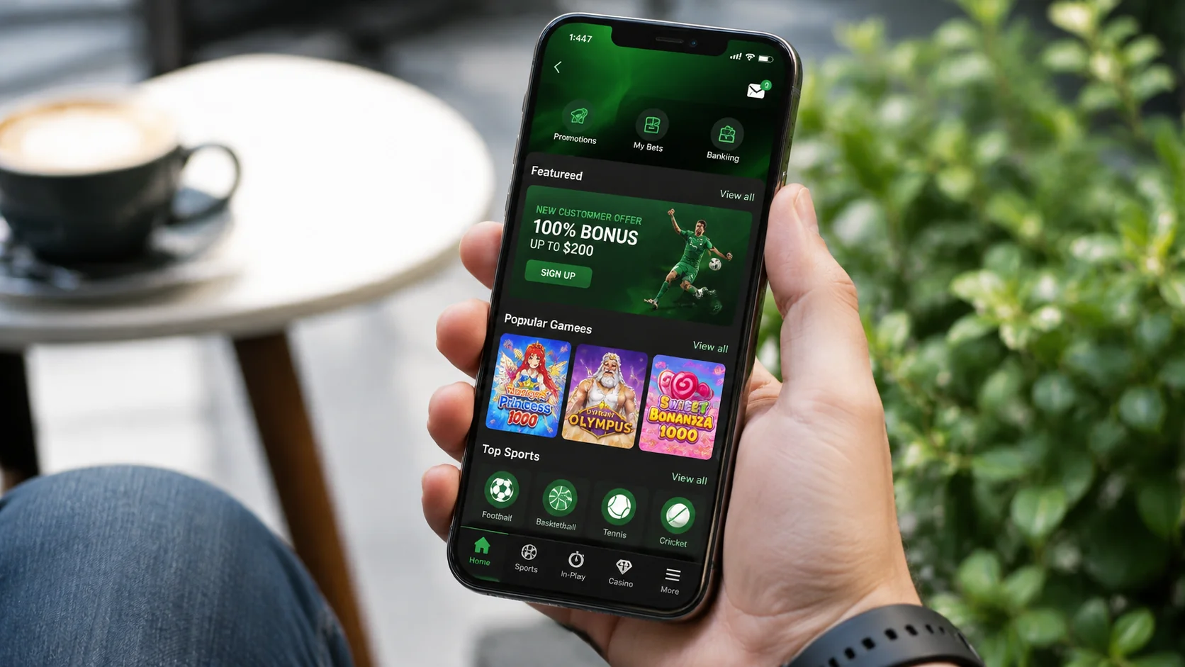 Hand holding smartphone displaying Betway mobile app with emerald green theme and 100% bonus banner in a cafe setting