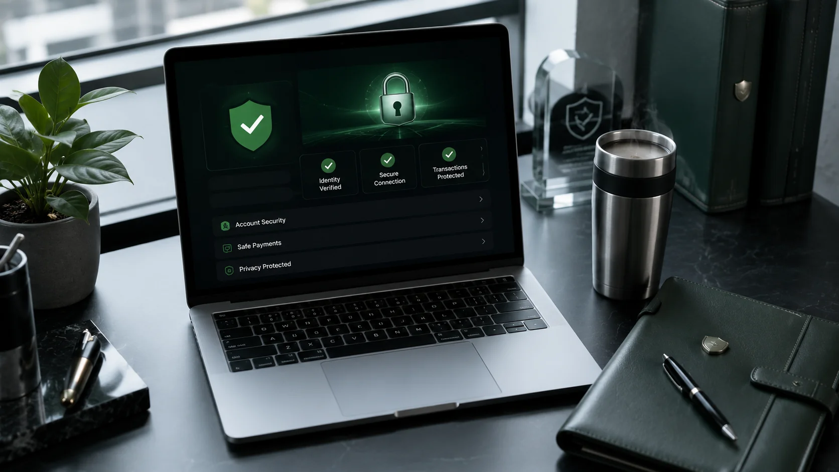 Modern desk setup with laptop showing Betway secure online dashboard with green verification checkmarks and SSL padlock icon