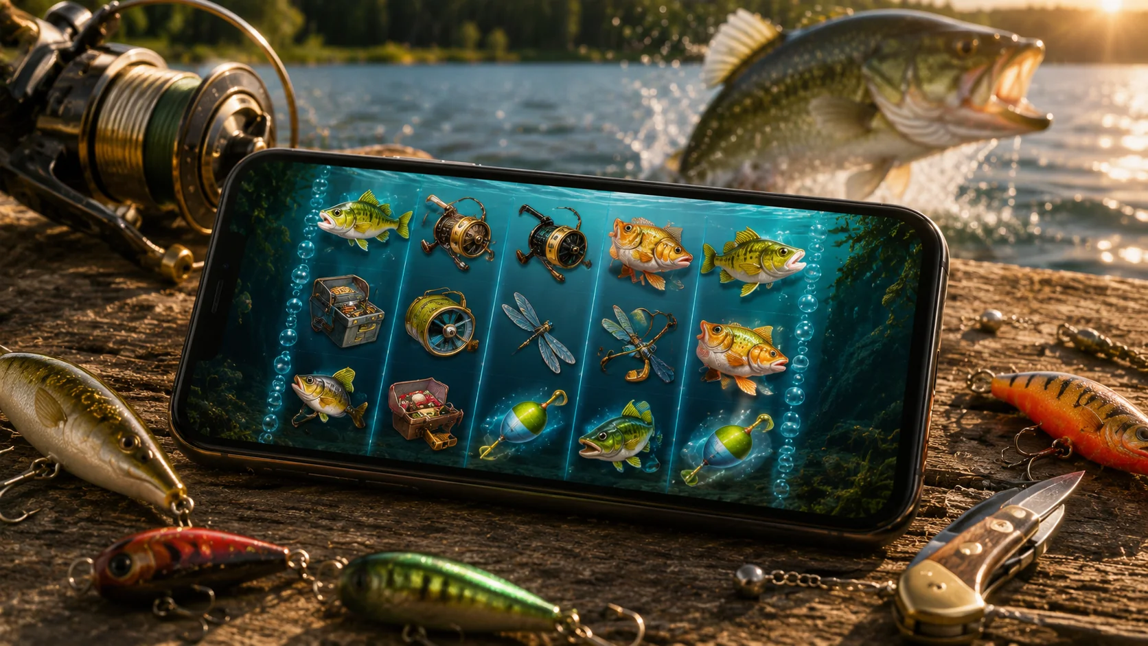 Smartphone displaying fishing-themed pokie with colorful fish symbols against a bass jumping out of water with vintage fishing reel and lures on a dock