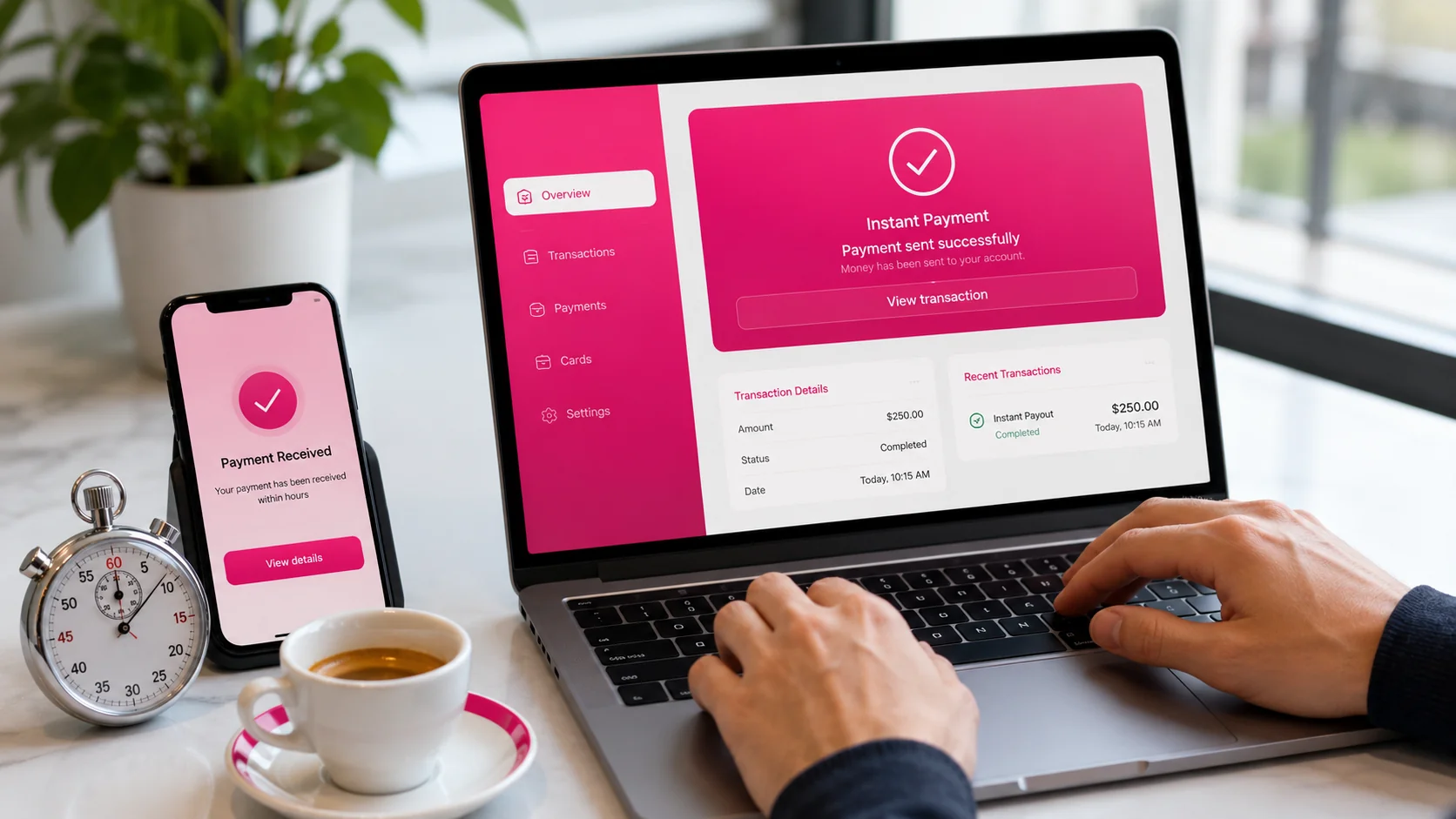 Hands typing on laptop showing pink Instant Payment Successful banking dashboard with smartphone notification and chrome stopwatch