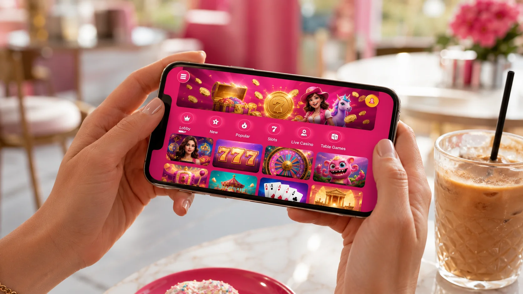 Hands holding smartphone in landscape with hot-pink Casumo mobile entertainment app in a bright cafe setting with iced coffee