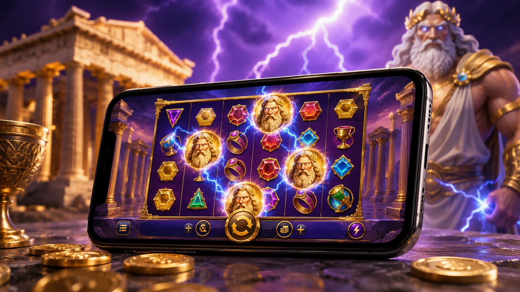 Smartphone displaying Greek mythology pokie with golden coin symbols and lightning bolts against ancient temple and Zeus figure backdrop