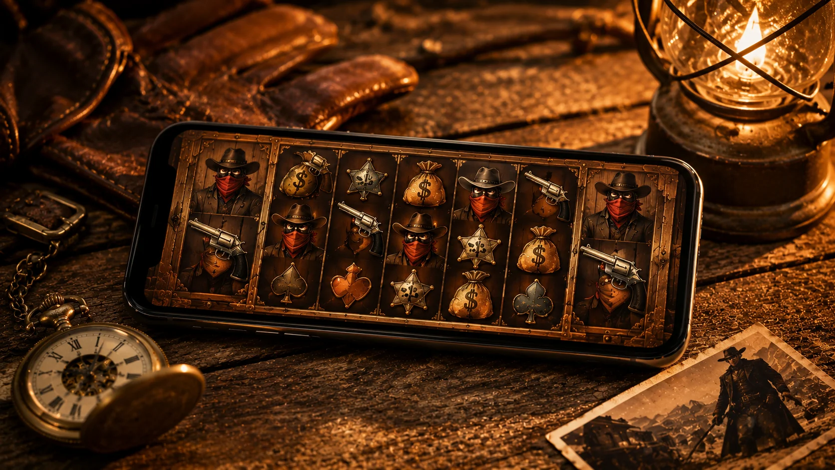 Smartphone displaying western outlaw-themed pokie with bandana mask and revolver symbols on a weathered wooden dock with vintage brass pocket watch and kerosene lamp