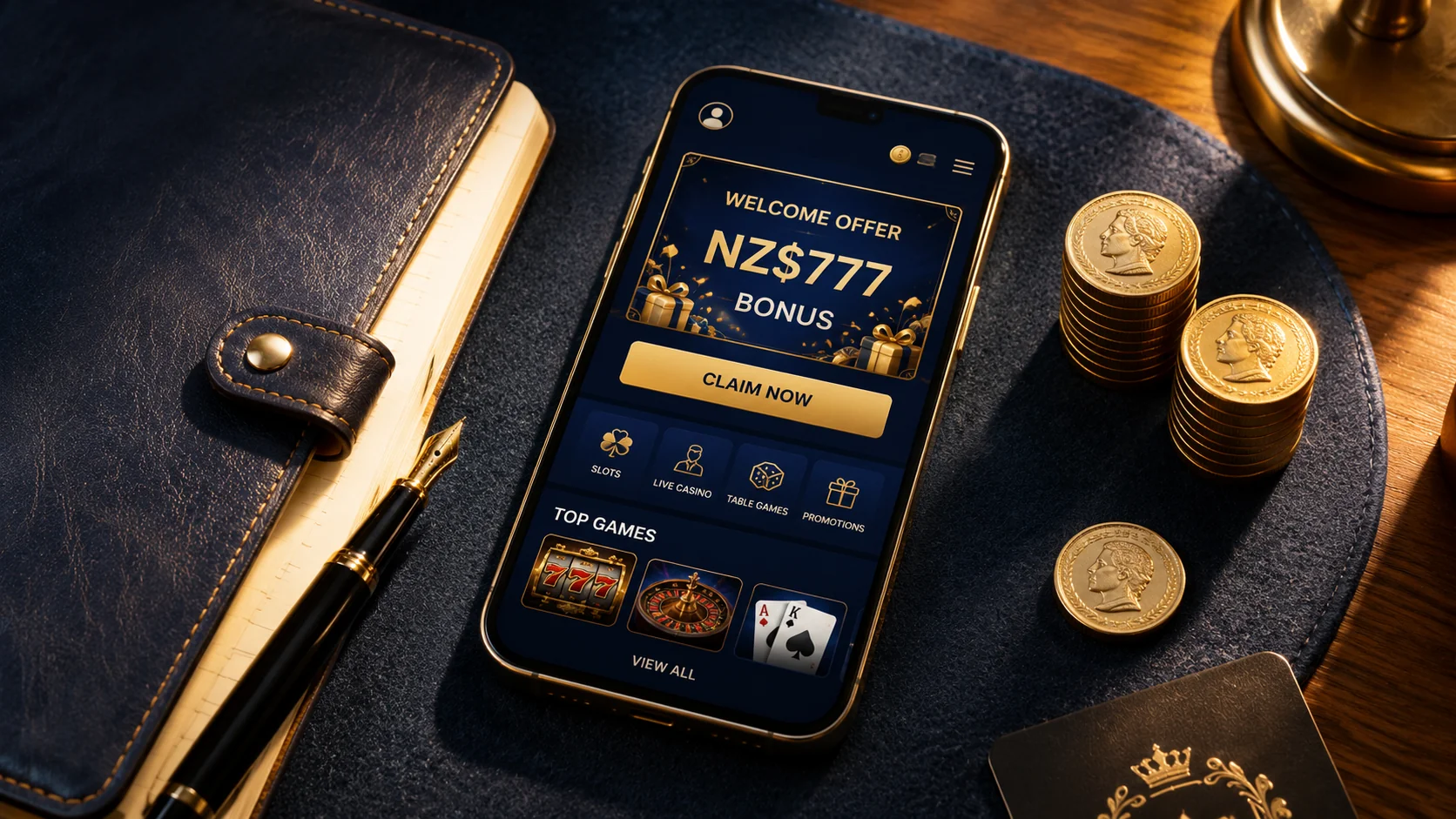 Smartphone displaying navy blue and gold mobile entertainment app with NZ$777 welcome offer banner, gold coins stacked and luxury fountain pen
