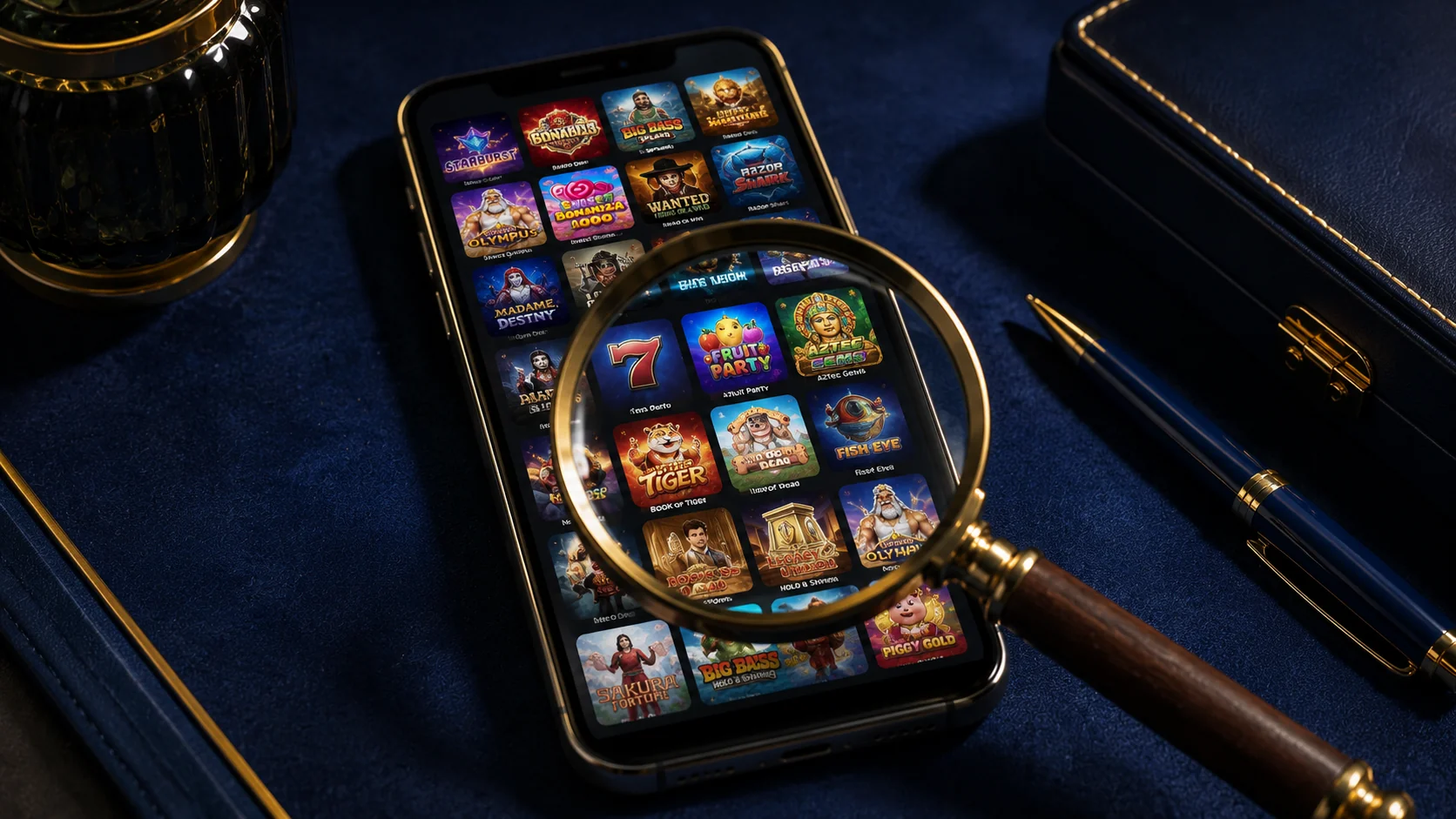 Smartphone showing vast mobile game library grid in navy and gold with brass magnifying glass exploring titles