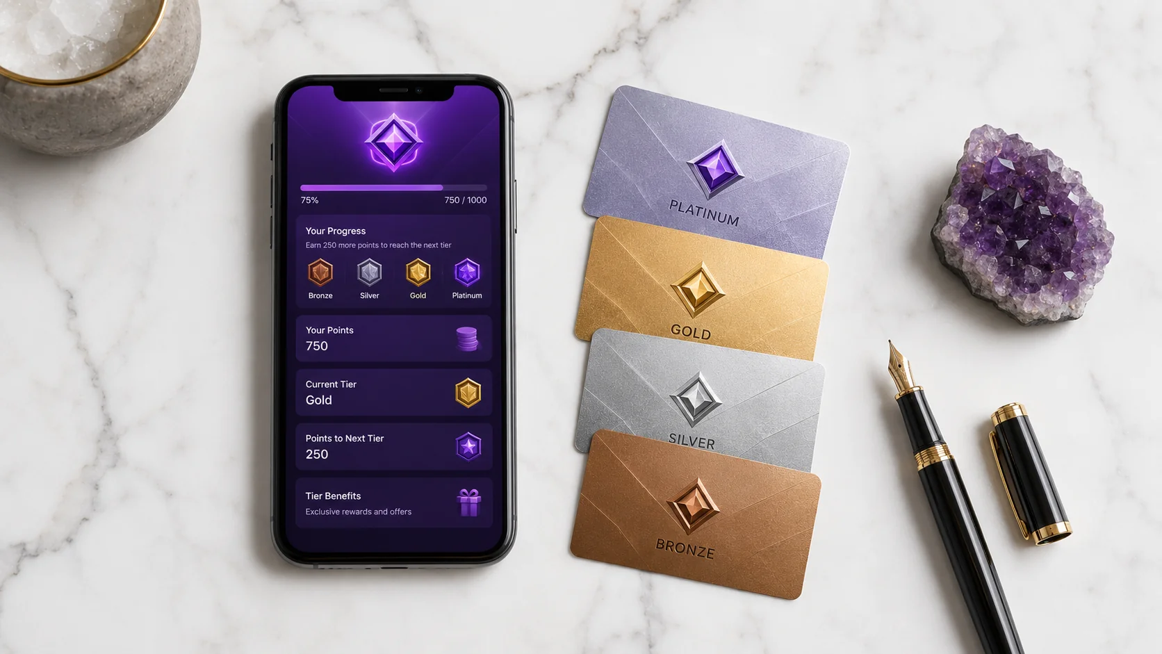 Smartphone showing PlayZee multi-tier loyalty dashboard in purple gradient with metallic tier cards and amethyst crystal