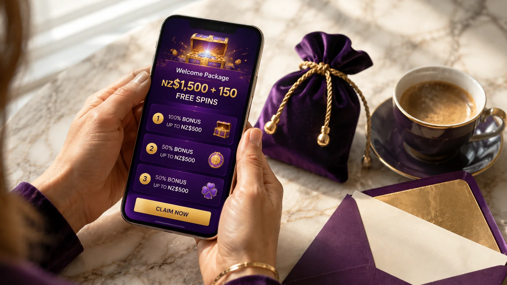 Hands holding smartphone displaying PlayZee Welcome Package NZ$1,500 + 150 Free Spins with purple velvet pouch and espresso