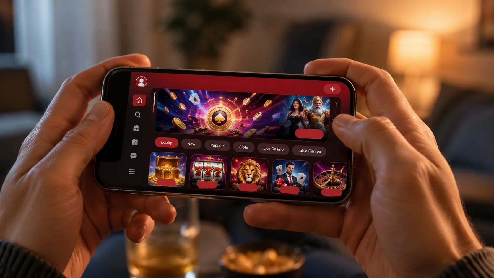 Hands holding smartphone in landscape with vibrant red Royal Panda mobile app in cozy living room setting
