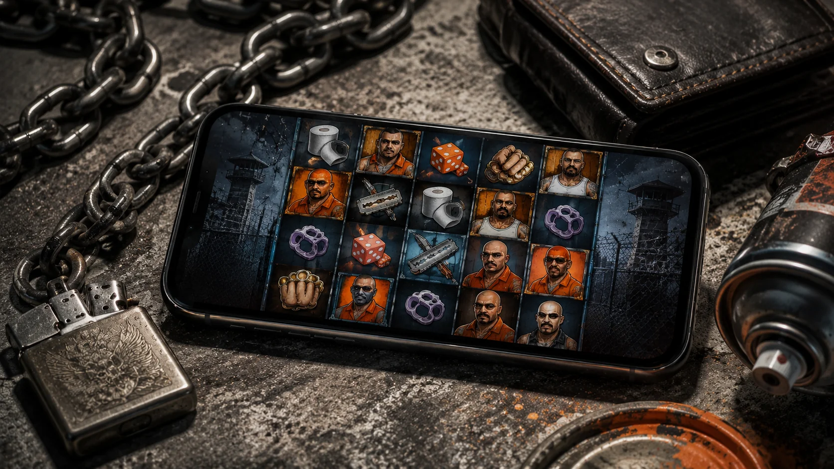 Smartphone displaying urban industrial-themed pokie with orange and grey graphic icons on textured concrete with metal chain and vintage pocket lighter