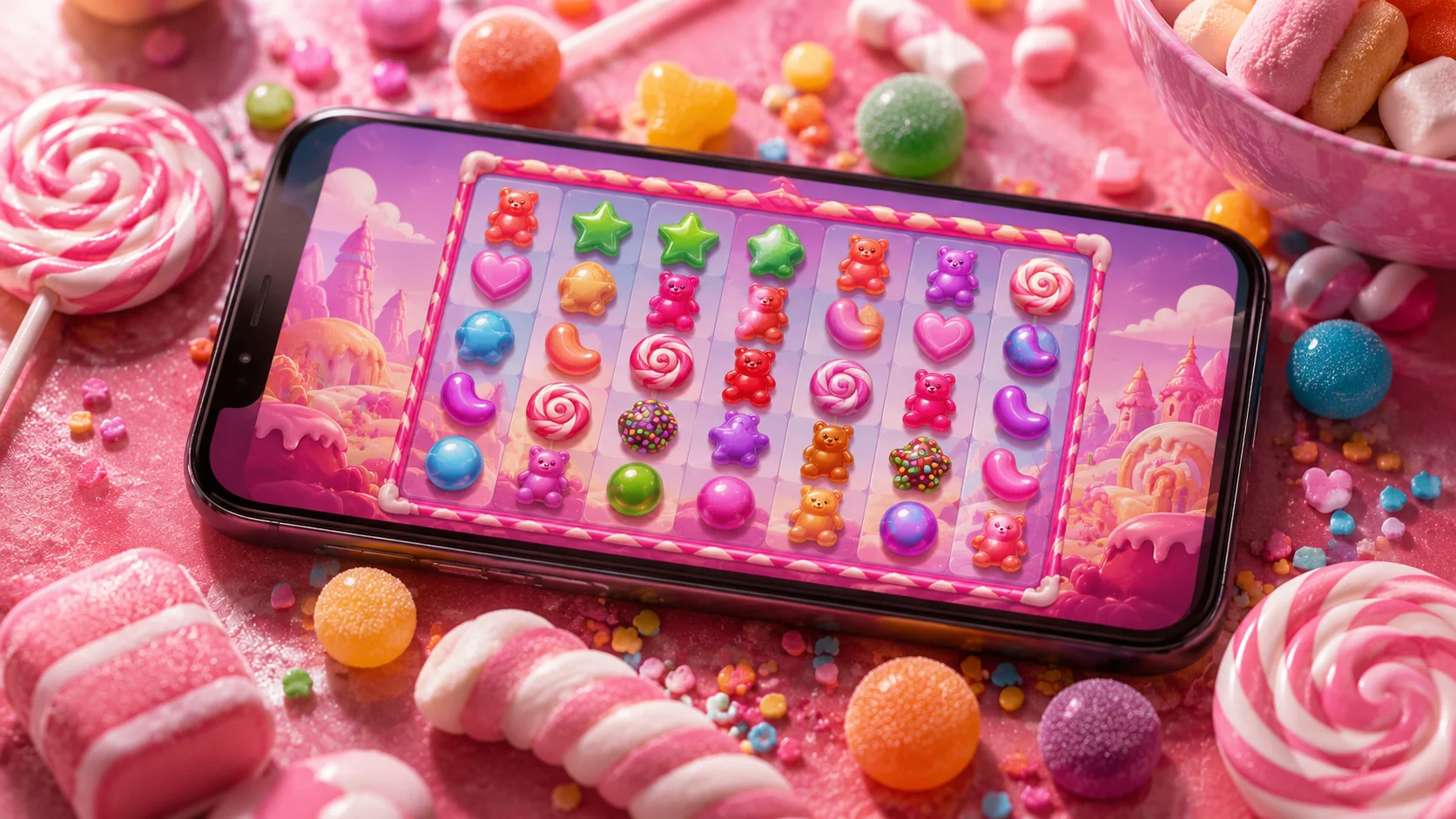 Smartphone displaying vibrant candy-themed pokie with colorful lollipops and gummy bear symbols surrounded by scattered candy on pink marble