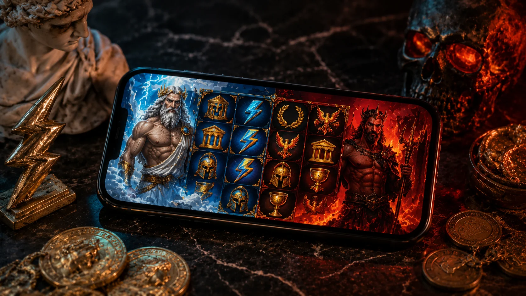 Smartphone displaying Greek mythology dual-realm pokie with bright sky lightning on left and dark underworld flames on right with bronze lightning bolt and obsidian skull