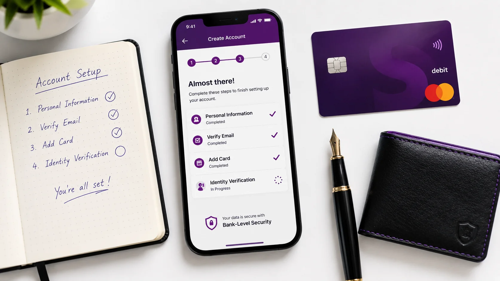 Smartphone showing Skrill Create Account verification with progress bar, purple Skrill debit card and handwritten Account Setup notebook