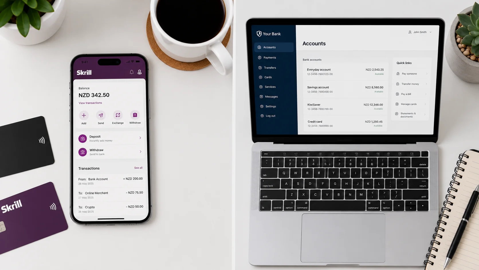 Side-by-side comparison of Skrill and POLi payment options on a desk with a New Zealand bank card