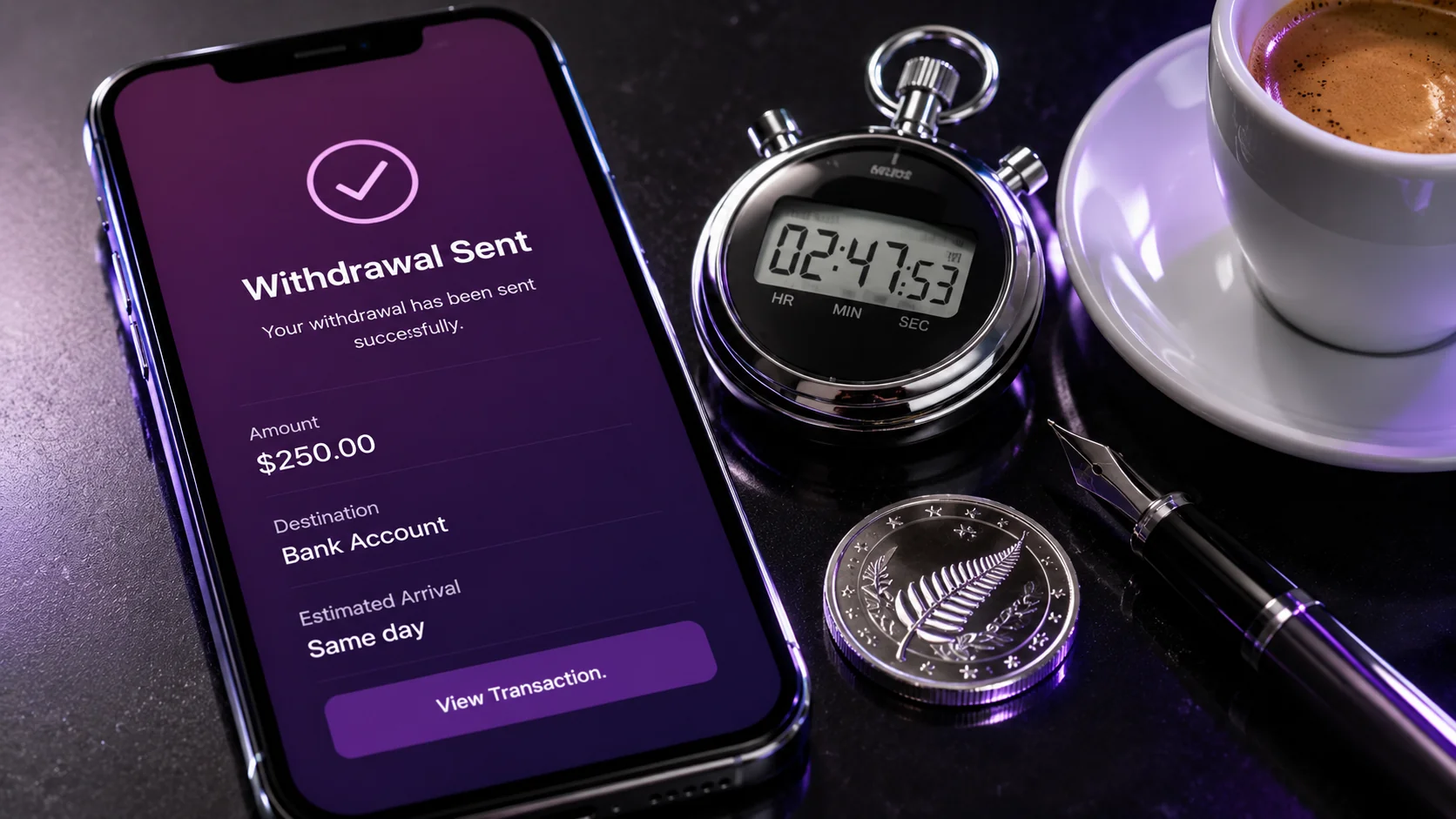 Smartphone displaying purple Withdrawal Sent NZ$250 beside chrome stopwatch, silver fern coin and espresso