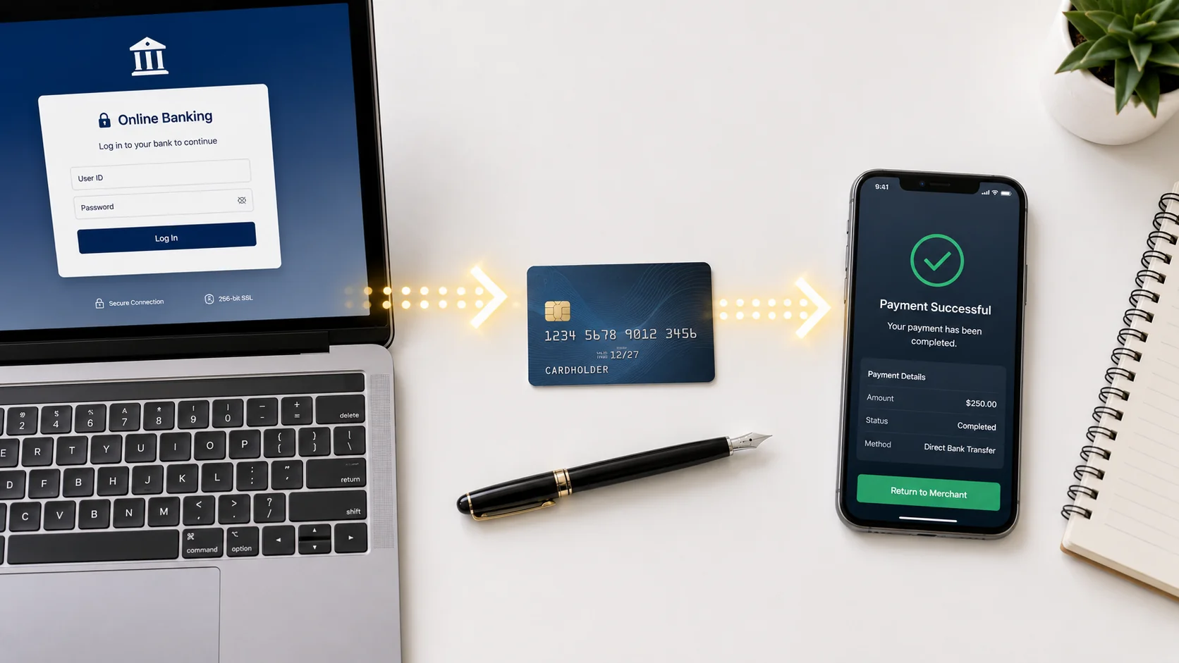 Editorial flat-lay showing payment flow from laptop banking login through debit card to smartphone payment success