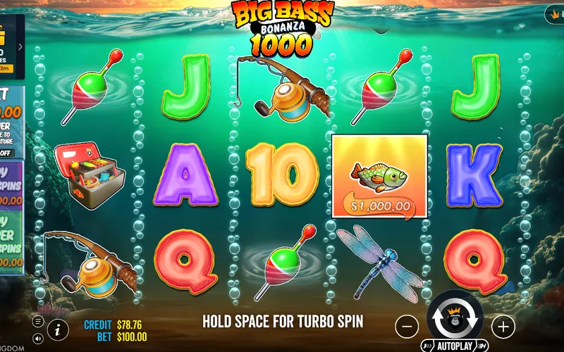 Big Bass Bonanza pokie showing the fisherman character with bass fish symbols on the 5x3 reels